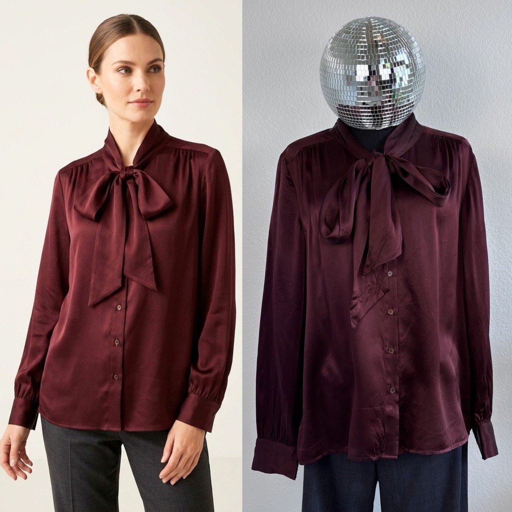 Talbots Burgundy 100% Silk Tie Neck Blouse Size 12 | Long Sleeve button up